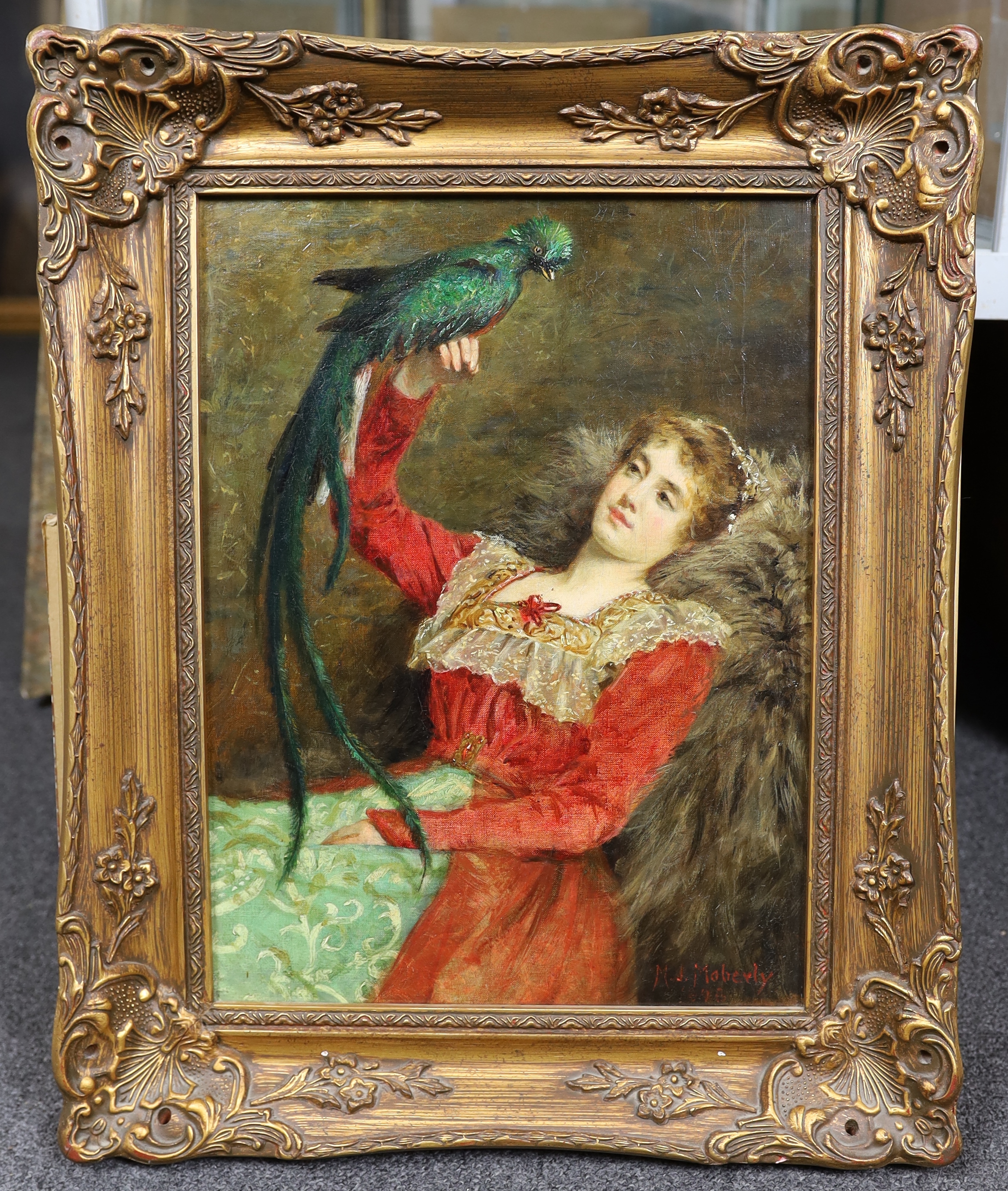 Mariquita Jenny Moberly RI (British 1855-1937), Lady with a Quetzel, oil on canvas, 40 x 30cm